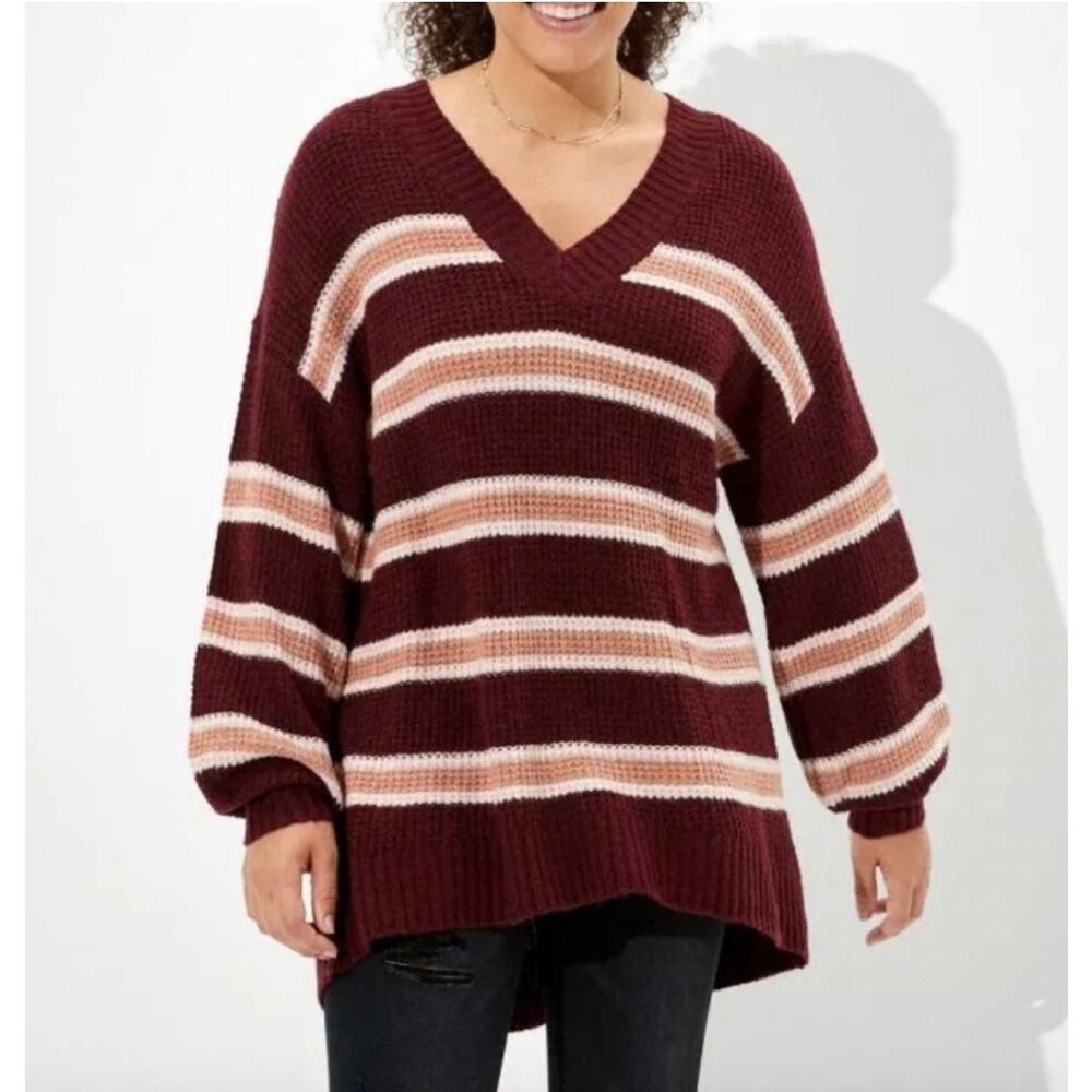 American Eagle Brown / Tan Striped V Neck Oversized Sweater S